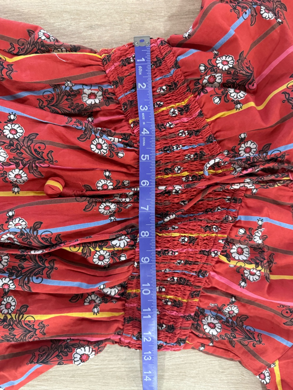 Japna Red Floral Puff Sleeve Smocked Cotton Mini Dress M Boho Fall Festival - Picture 5 of 6